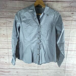 J Jill Blouse Woman’s Sz M Blue Button Up Ruffle Edge Long Sleeve Shirt